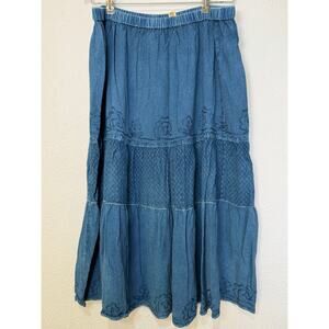 Y2K Fairy Grunge Denim Maxi Skirt Size L Boho Cottagecore Tiered Elastic Vintage
